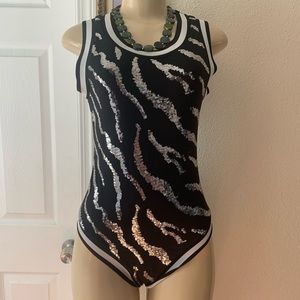 CLEO APPAREL :| Sequin Body Suit.BLK/SILVER.SMALL.